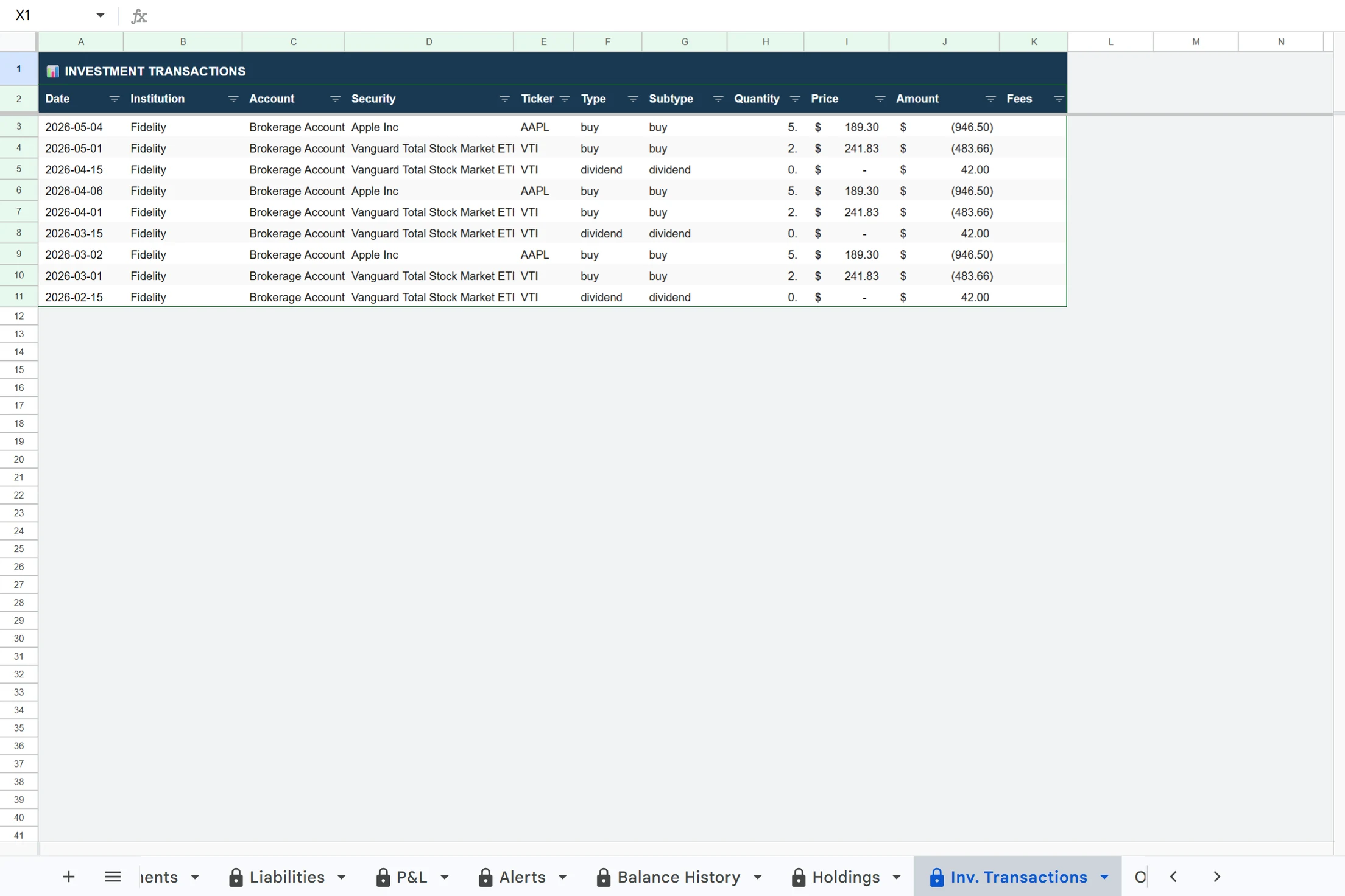 The Investment Transactions tab. Investment activity from those same brokerage accounts.